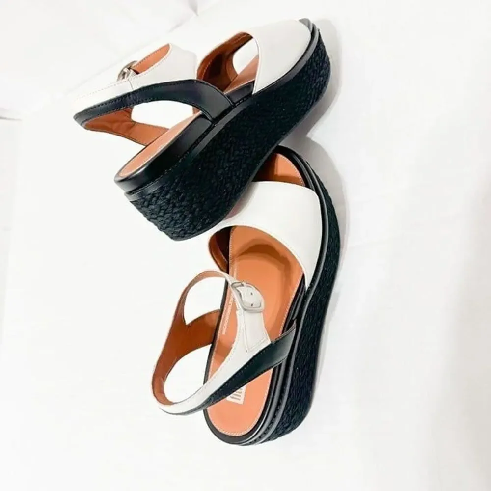 FITFLOP NWB Sz 8 White Black Leather Platform Espadrille Sandals